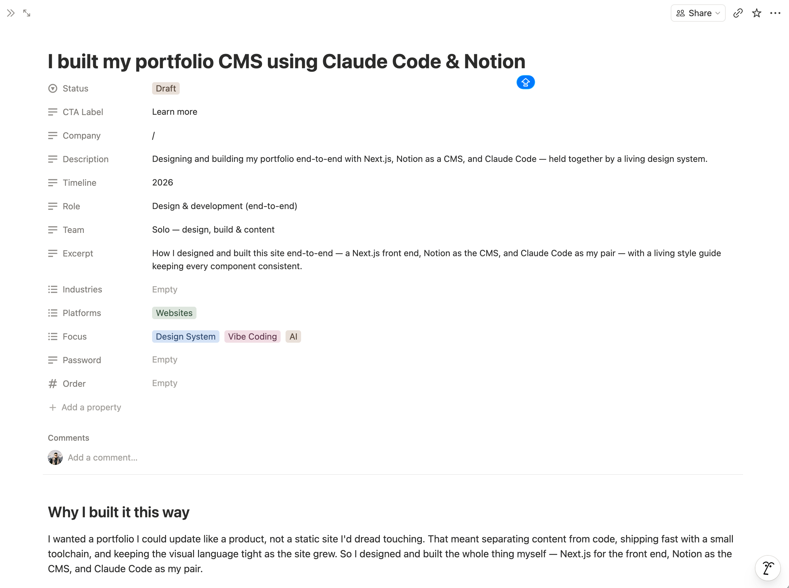 Editing a case study in Notion. Properties become the metadata, the body becomes the page.