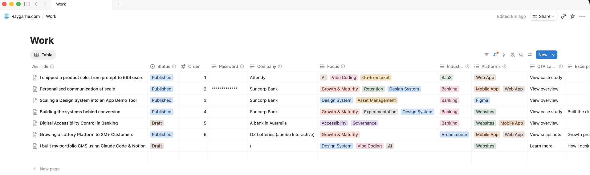 The CMS in Notion. Every case study is just a page in this list.